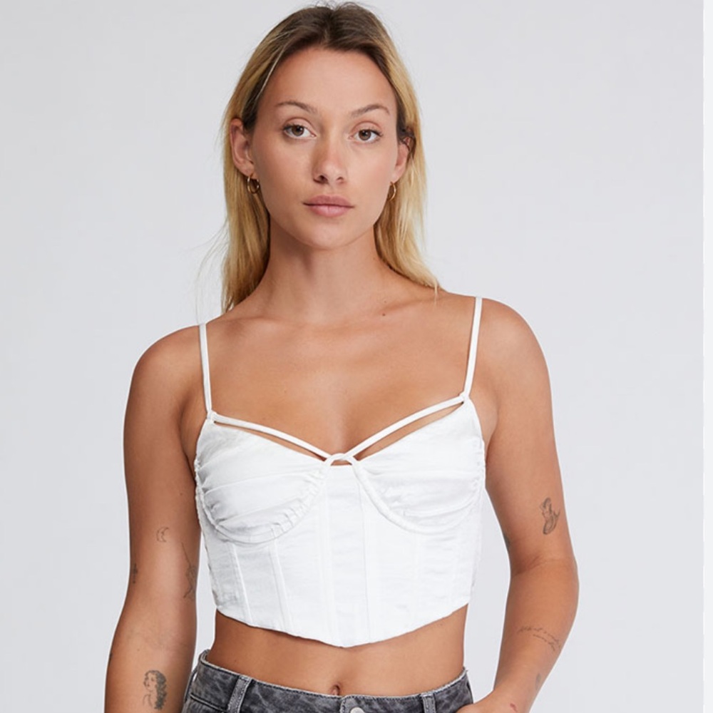 White satin LA hearts crop top with cups and adjustable straps. Size medium.